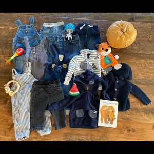 6-9mo (5) denim pants, (3) overalls, (2) hoodies, (1) cardigan.